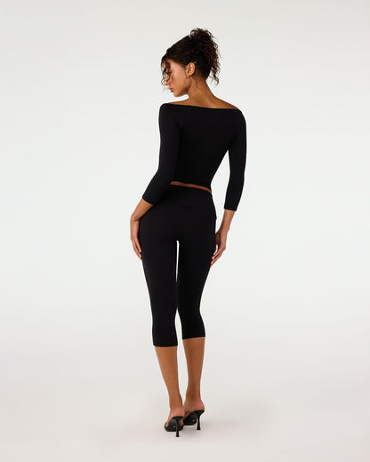 CSB Foldover Jersey Capri Leggings | Black