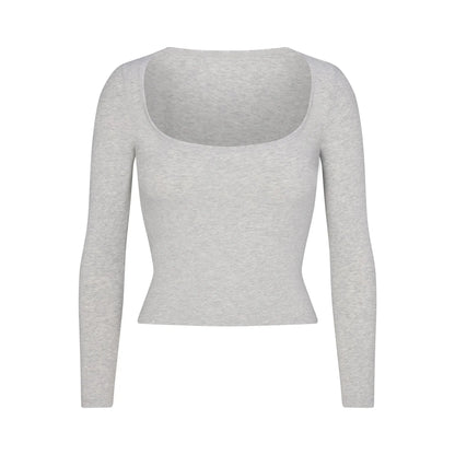 Skims Cotton Jersey Scoop Neck Long Sleeve Light Heather Grey