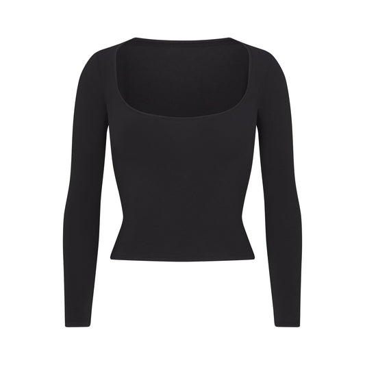 Skims Cotton Jersey Scoop Neck Long Sleeve Soot