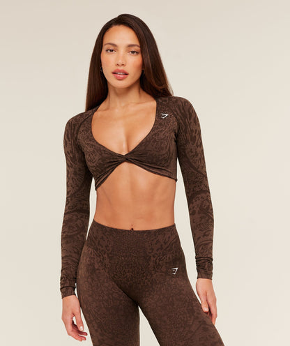 Gymshark Adapt Animal Sleeve Crop Top - Archive Brown